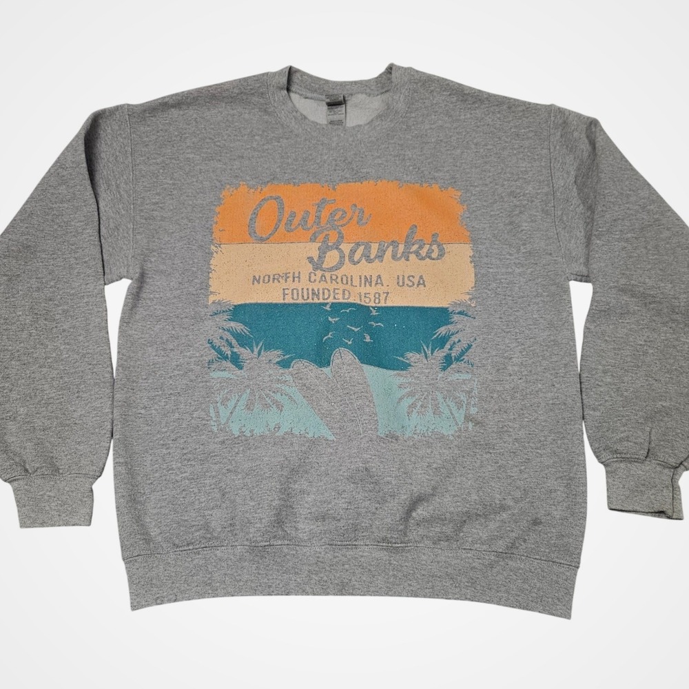 Outer‎ Banks North Carolina Crewneck Sweatshirt Medium Gray Y2K Graphic Fleece